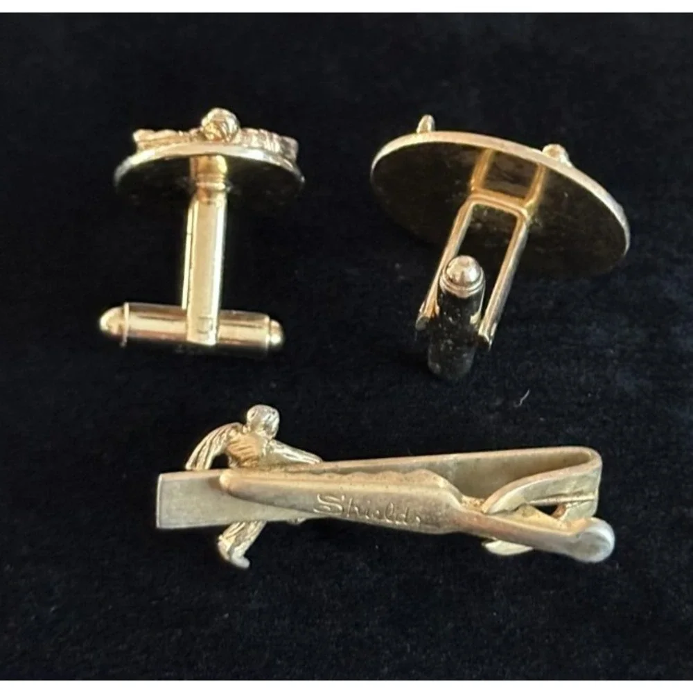 Vintage Shields Gold Tone Bowling Bowler Cufflinks &‎ Tie Clip